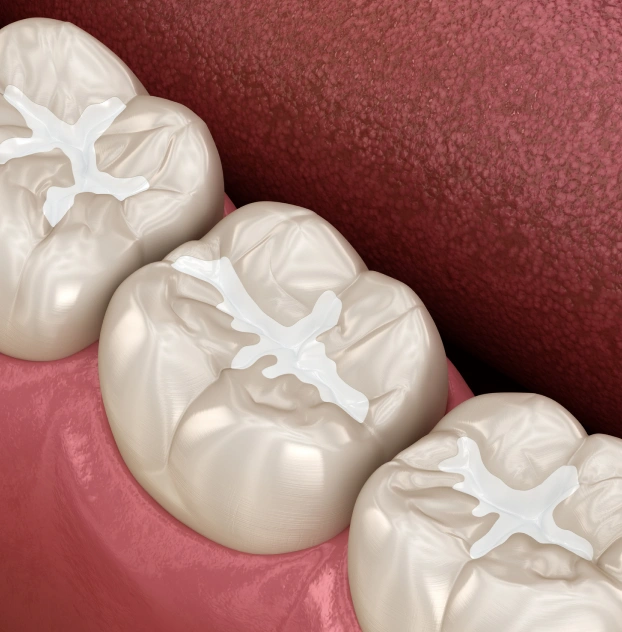 Close-up 3D illustration of molar teeth with white dental sealant filled into the chewing surface grooves.