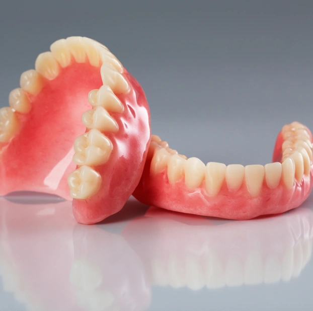 A set of full custom dentures resting on a reflective neutral surface.