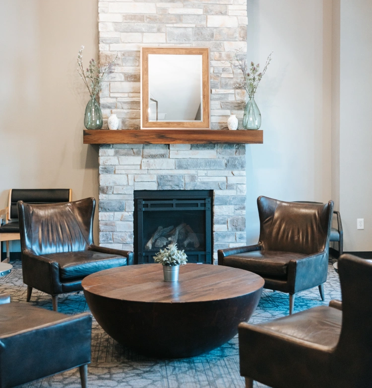 Welcoming lobby with fireplace at Oregon Smile Care Center in Salem, OR