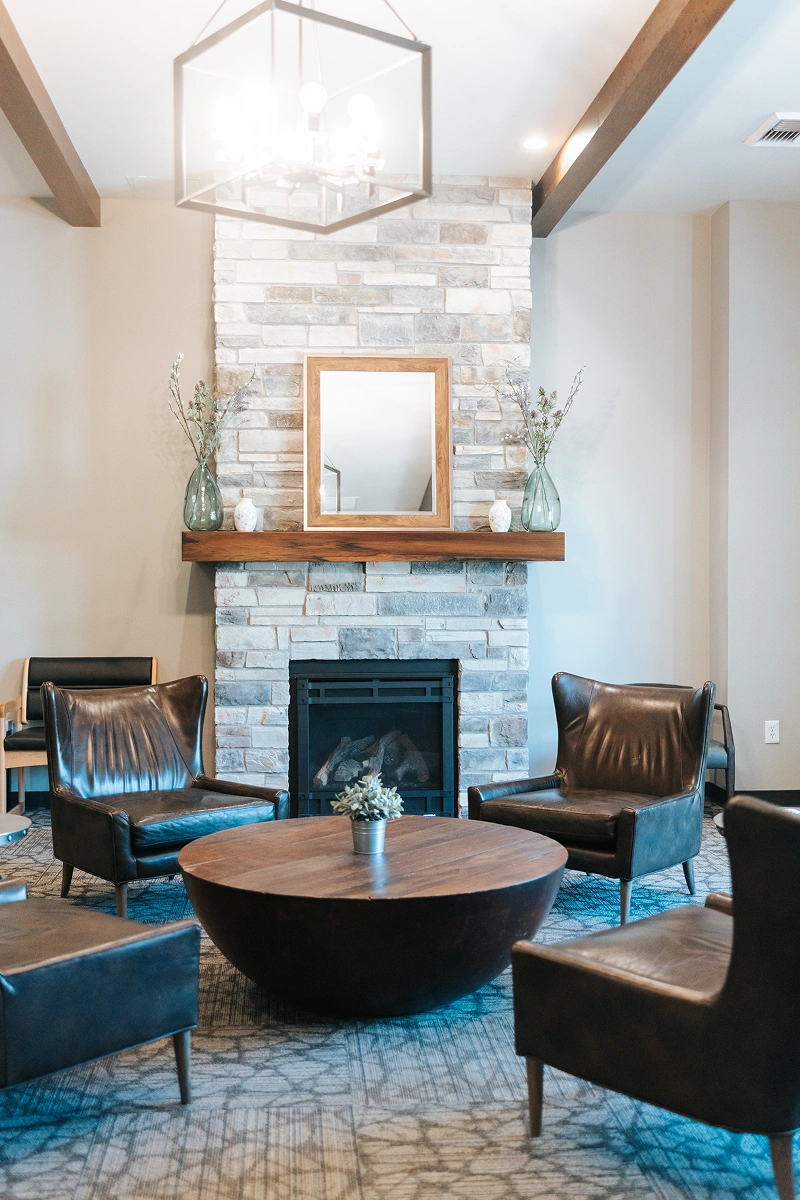 Dental office lounge area with fireplace at Oregon Smile Care Center